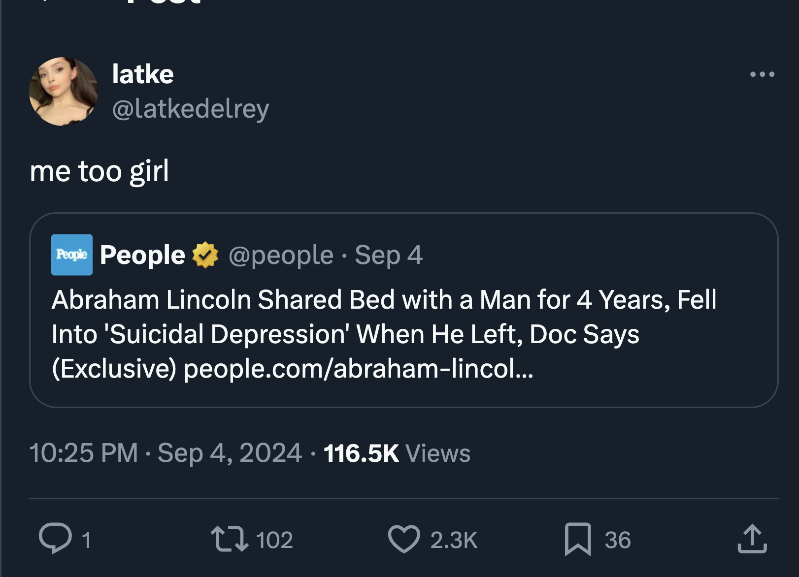 screenshot - latke me too girl People People Sep 4 Abraham Lincoln d Bed with a Man for 4 Years, Fell Into 'Suicidal Depression' When He Left, Doc Says Exclusive people.comabrahamlincol... Views 1 102 36